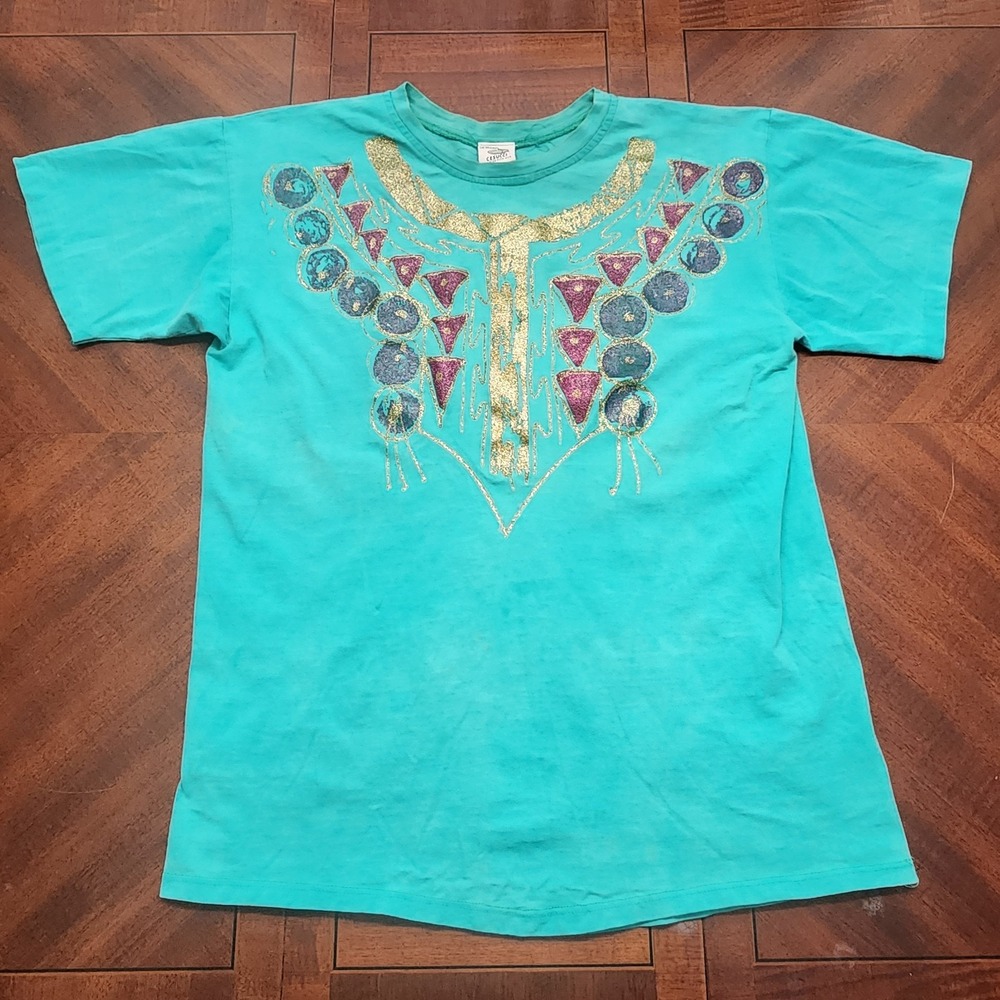 VTG 1990 Cesucci Art Shirt One Size S/M Teal Glitter Geometric Single Stitch 90s